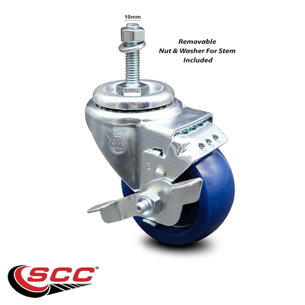 3.5 Inch Solid Polyurethane Swivel 10mm Threaded Stem Caster with Brake SCC